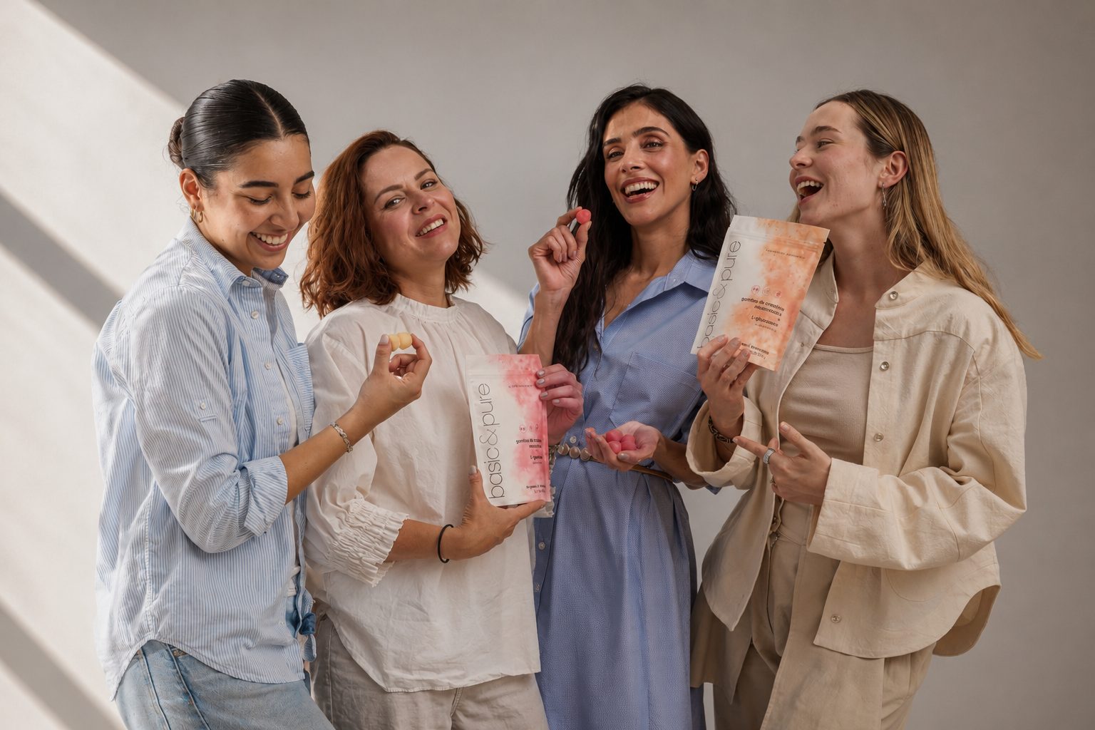 Grupo de mujeres sonriendo mientras prueban las gomitas basic & pure